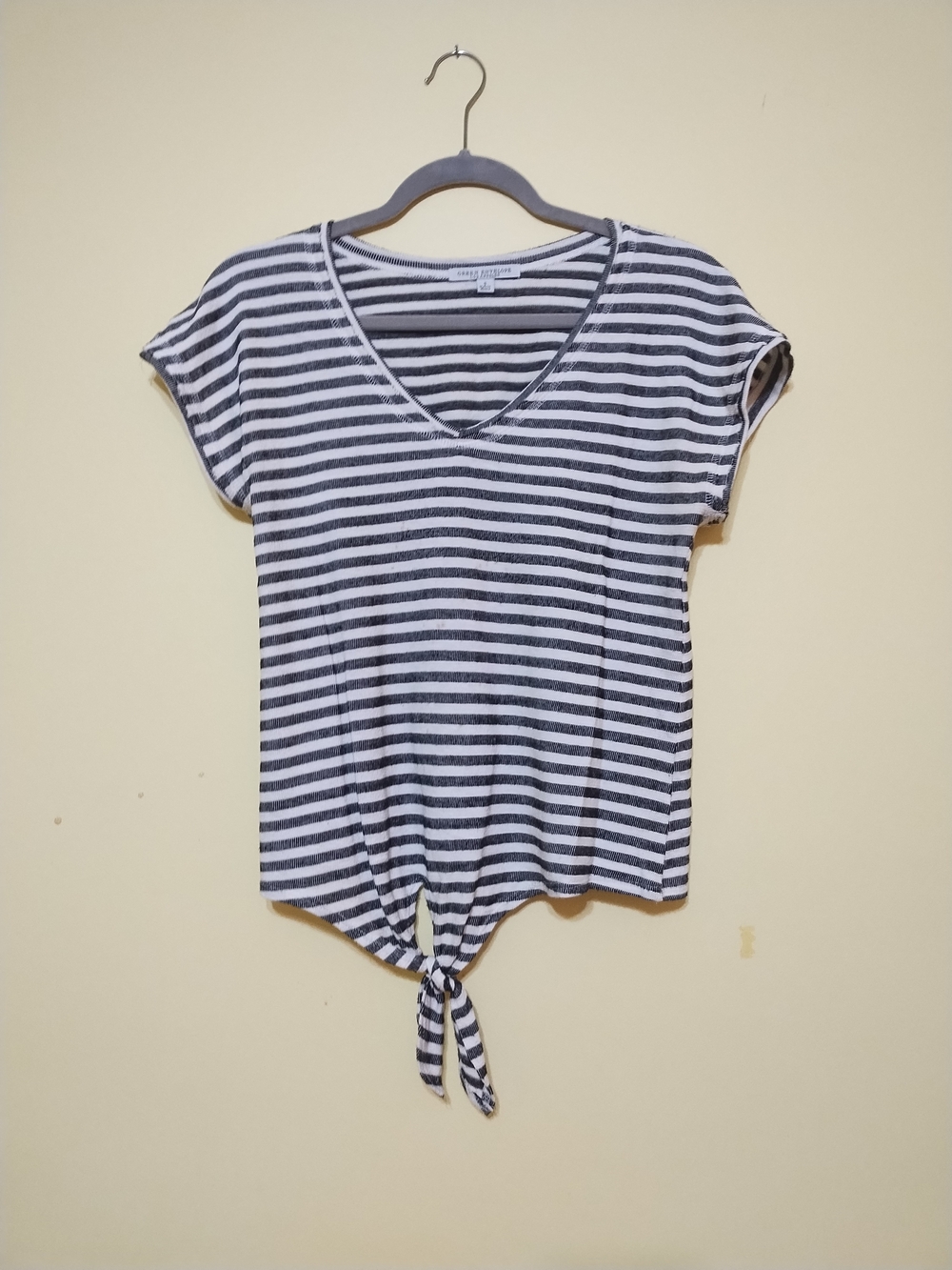 Green Envelope Black & White Striped V-Neck Tie-Front Crop Top